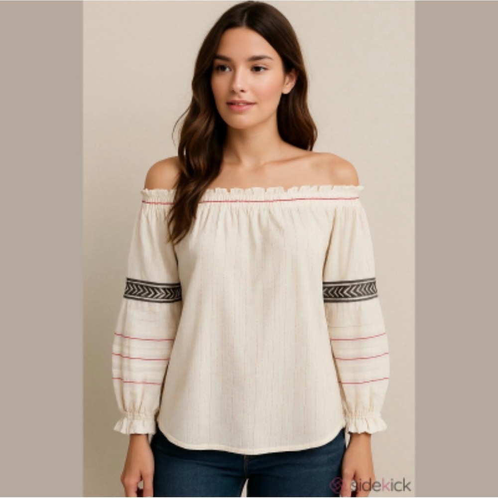 LemLem by Liya Kebede Off Shoulder Cotton Metalic Stripe Blouse Meduim Boho NWT